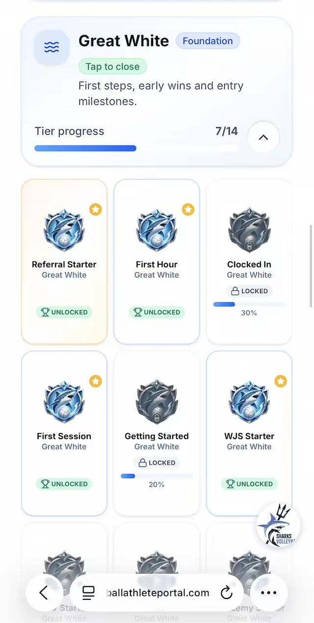 Sharks Volleyball Athlete Portal displaying progress and achievements