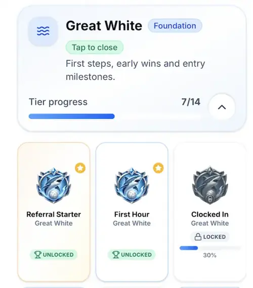 Athlete Portal Great White tier progress with Referral Starter, First Hour and Clocked In achievements