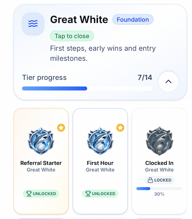 Athlete Portal Great White tier progress with Referral Starter, First Hour and Clocked In achievements